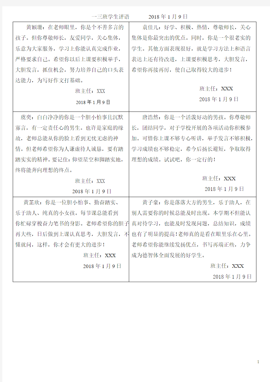 (完整word版)最新期末学生评价手册评语表