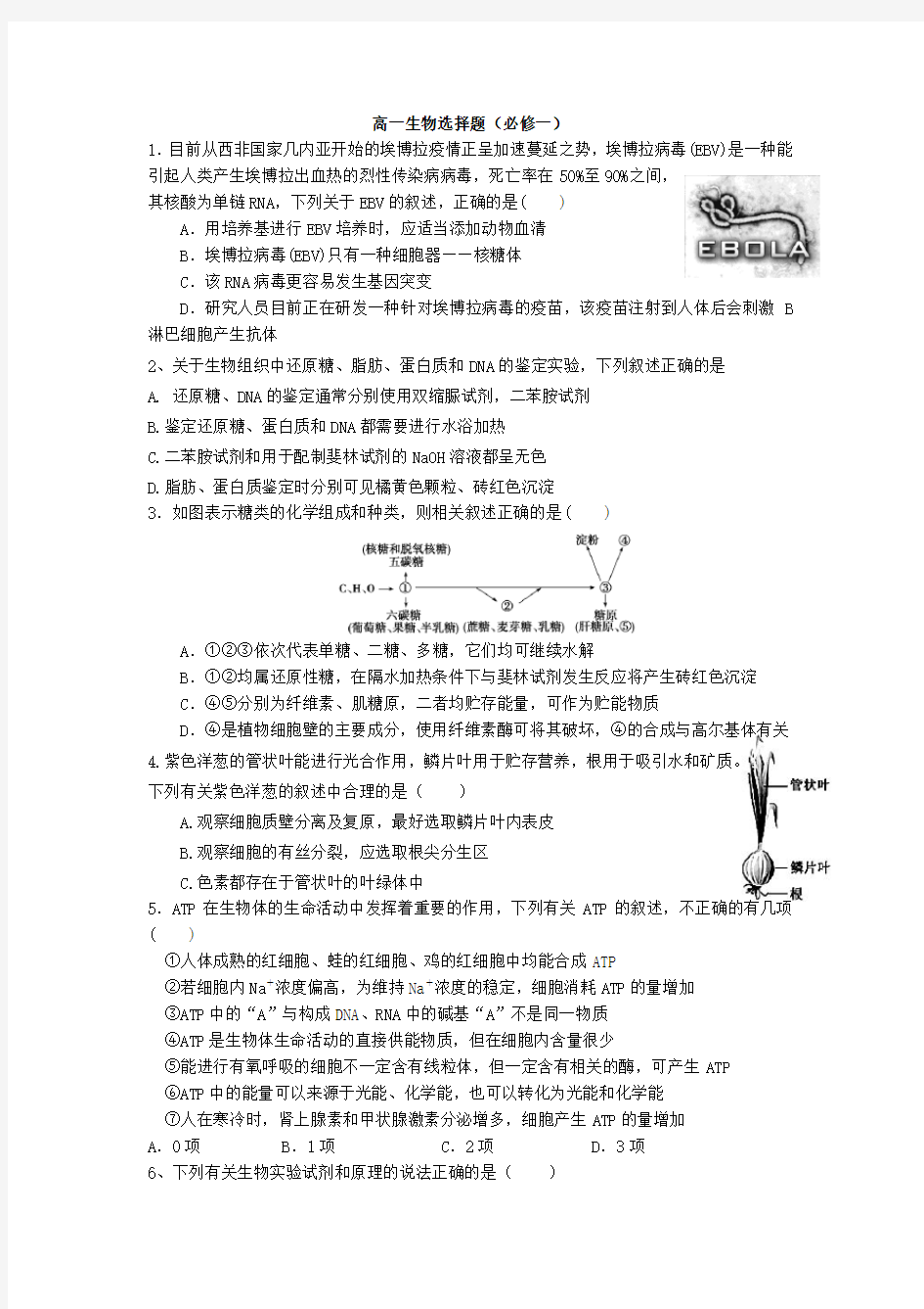 高中生物人教版高一生物选择题(必修一)