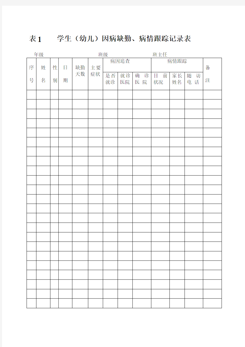 中小学因病缺勤追踪记录表