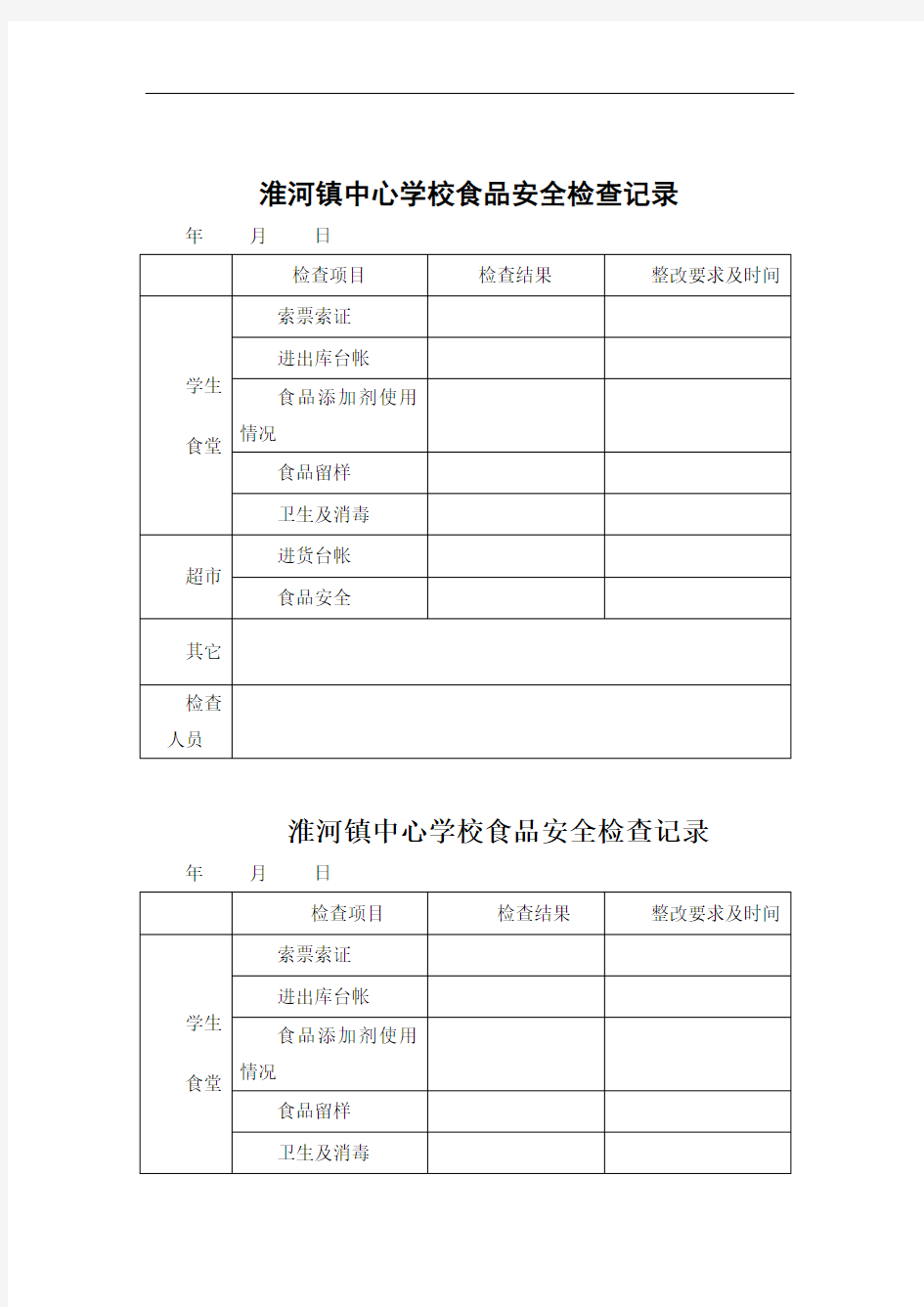 学校食堂食品安全检查记录表