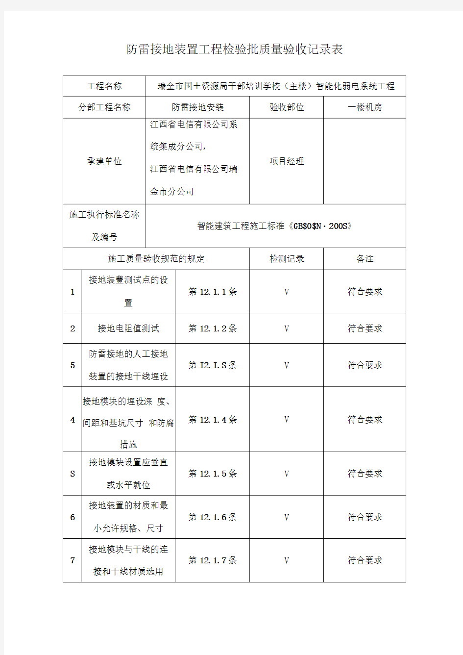 防雷接地装置工程检验批质量验收记录表