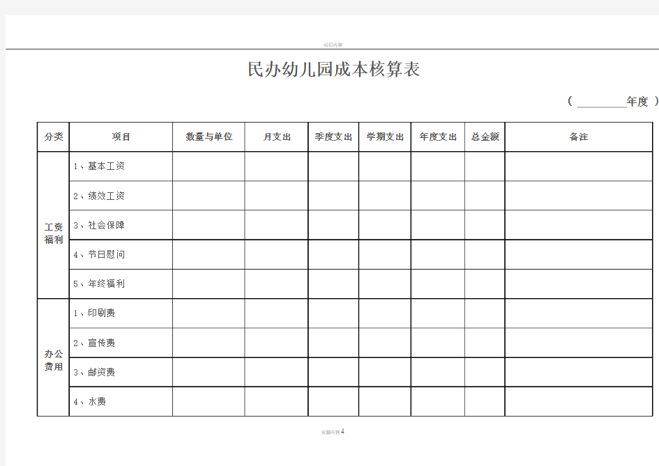 幼儿园成本核算表