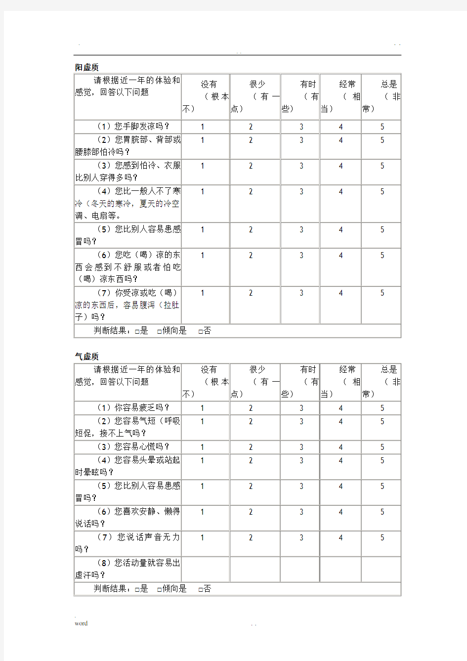 中医体质辨识标准(评分标准)