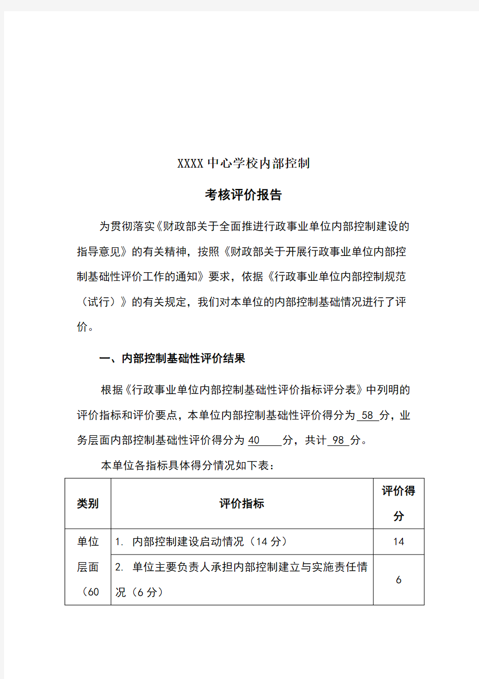 内部控制考核评价报告