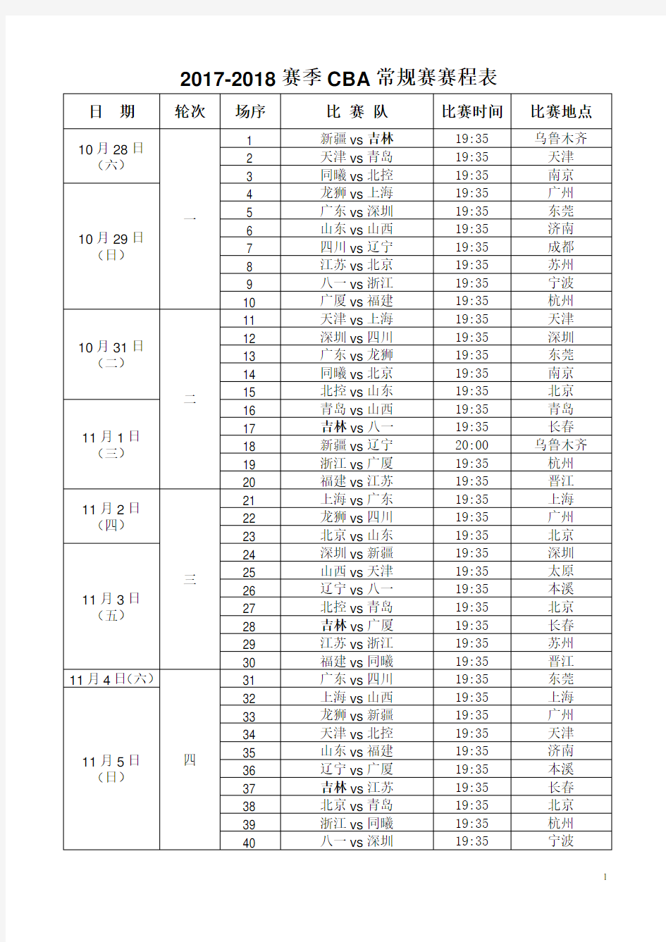 2017-2018赛季CBA常规赛赛程表(新)