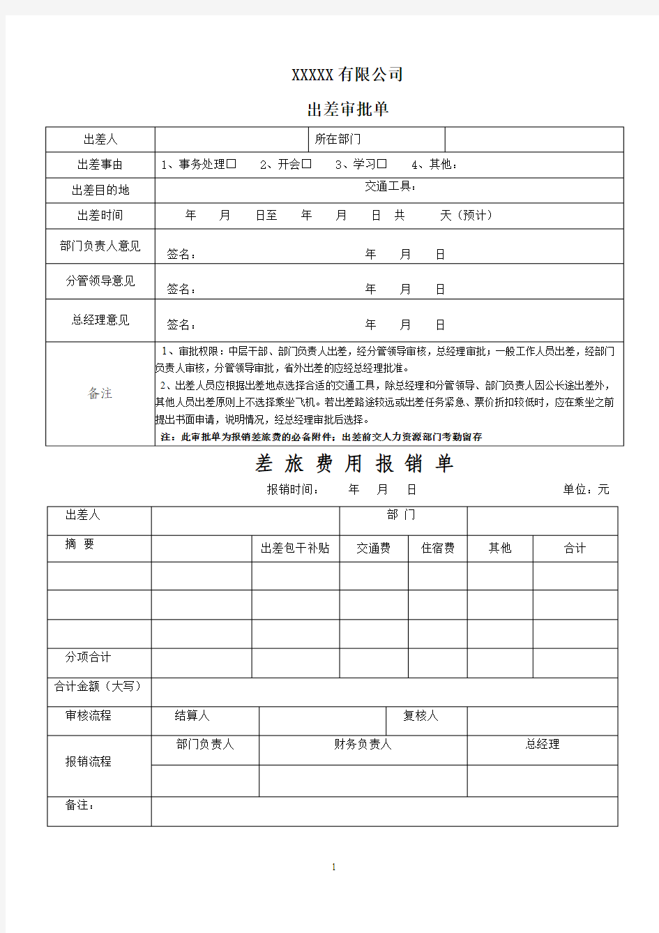 出差审批单费用报销单(1)