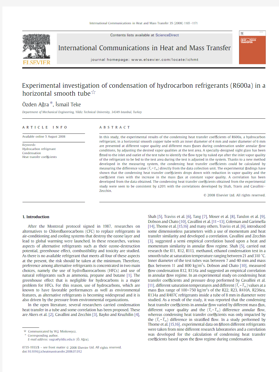 Experimental investigation of condensation of hydrocarbon refrigerants (R600a) in a