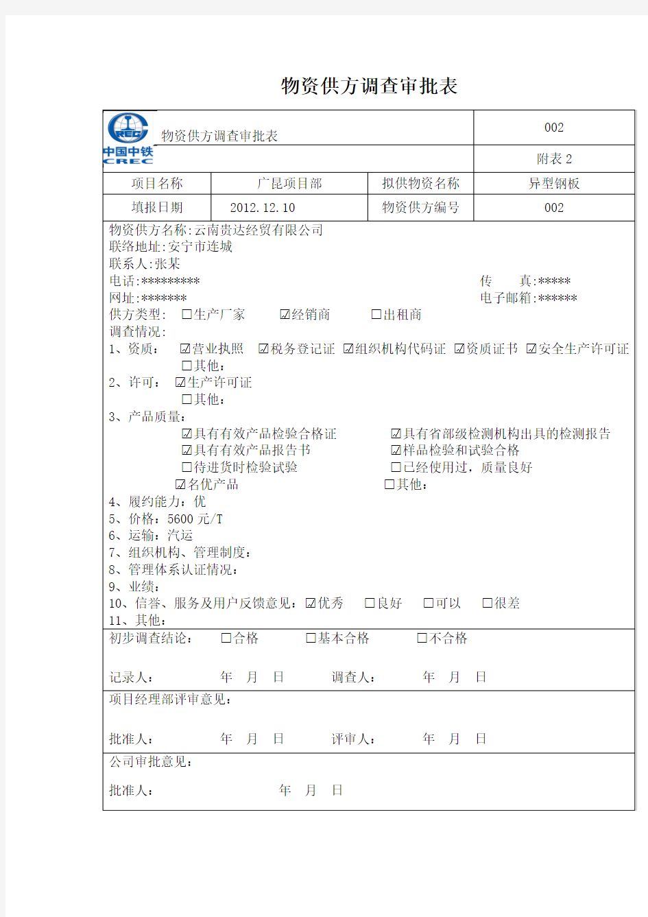 附表5物资供方调查审批表