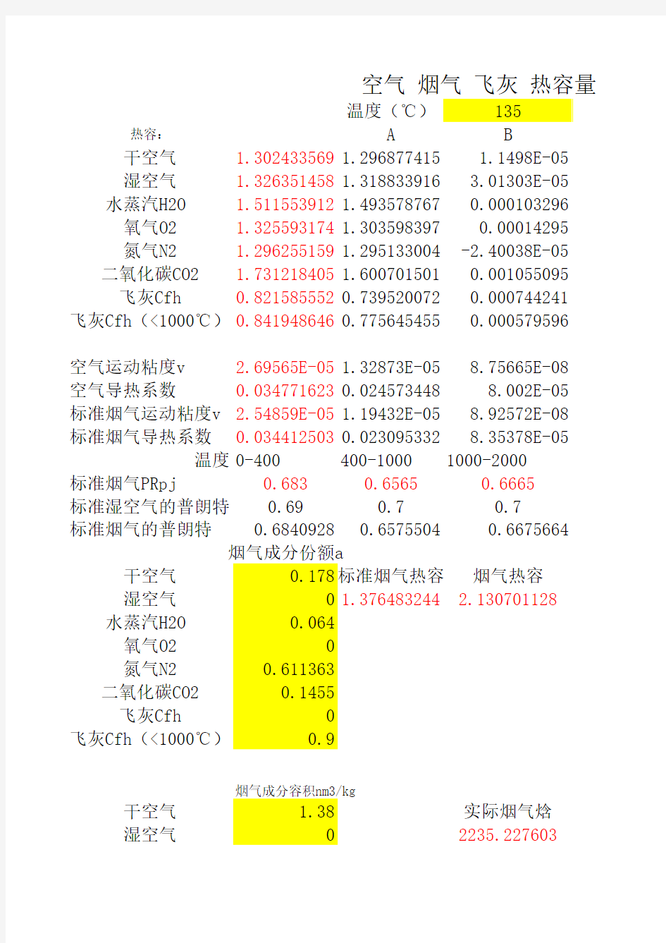 烟气比热容计算表