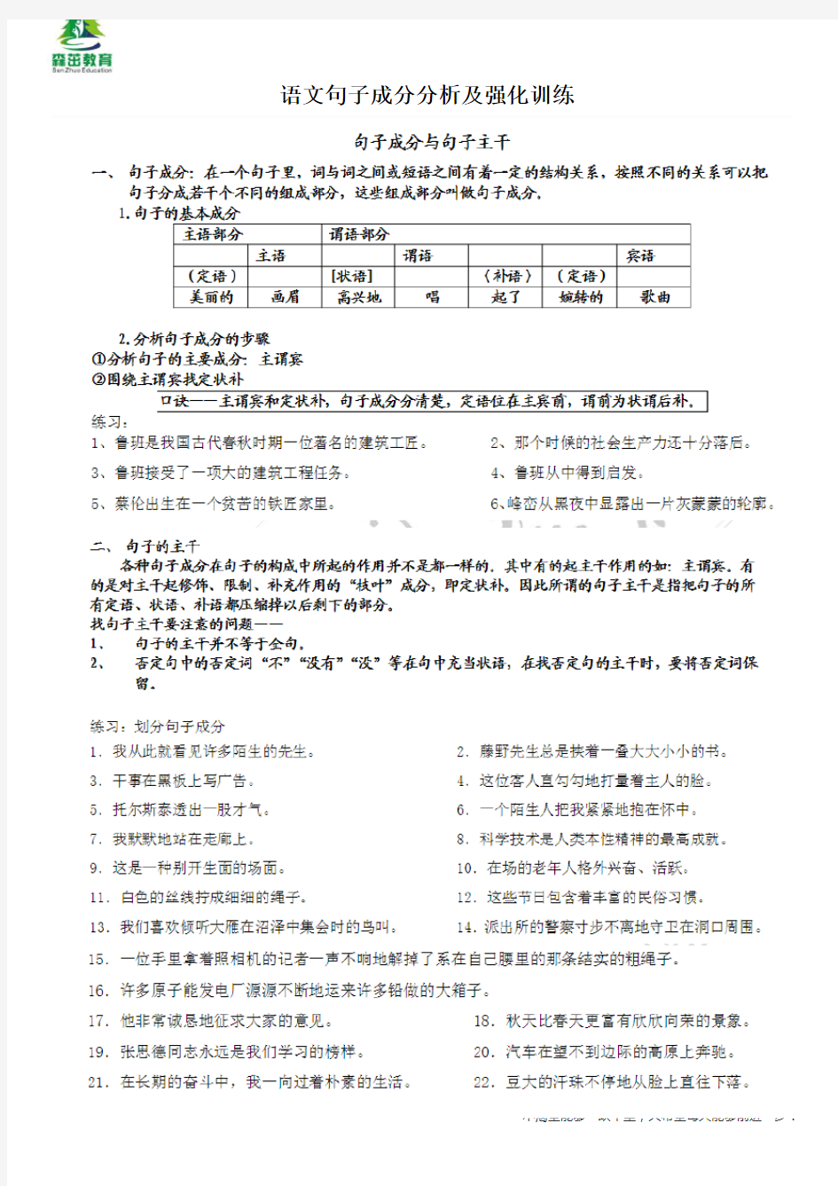 语文句子成分分析及强化训练