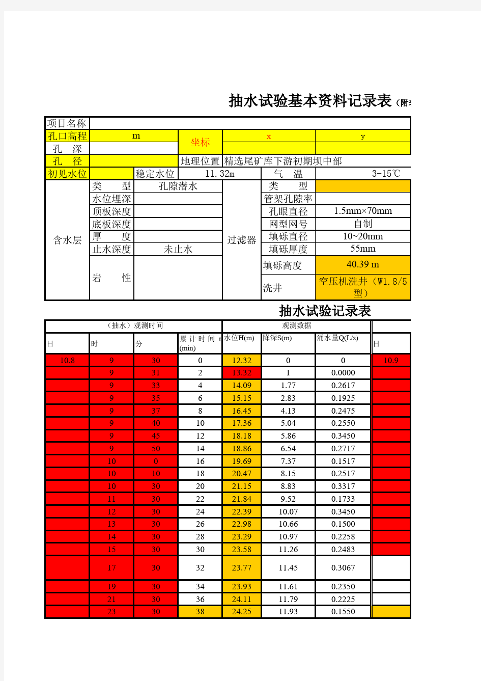 抽水试验记录表