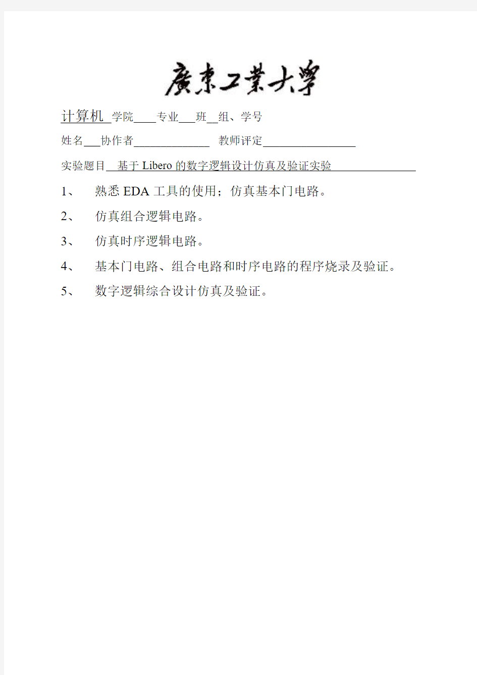 基于Libero的数字逻辑设计仿真及验证实验实验报告