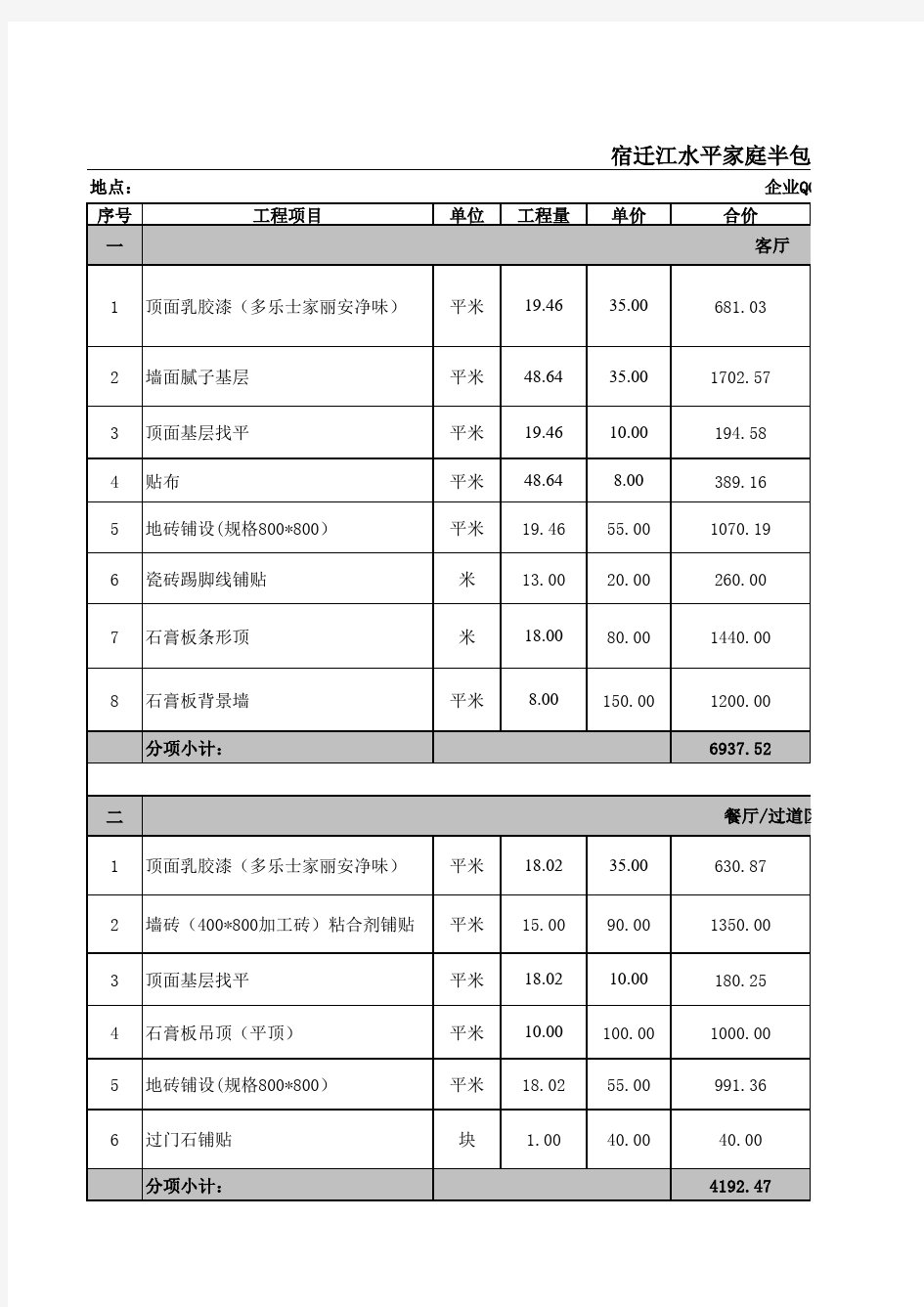 半包基础项目装修预算估价