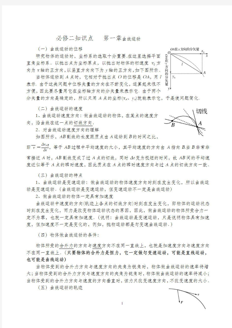 高中物理必修二  第一章曲线运动知识点归纳