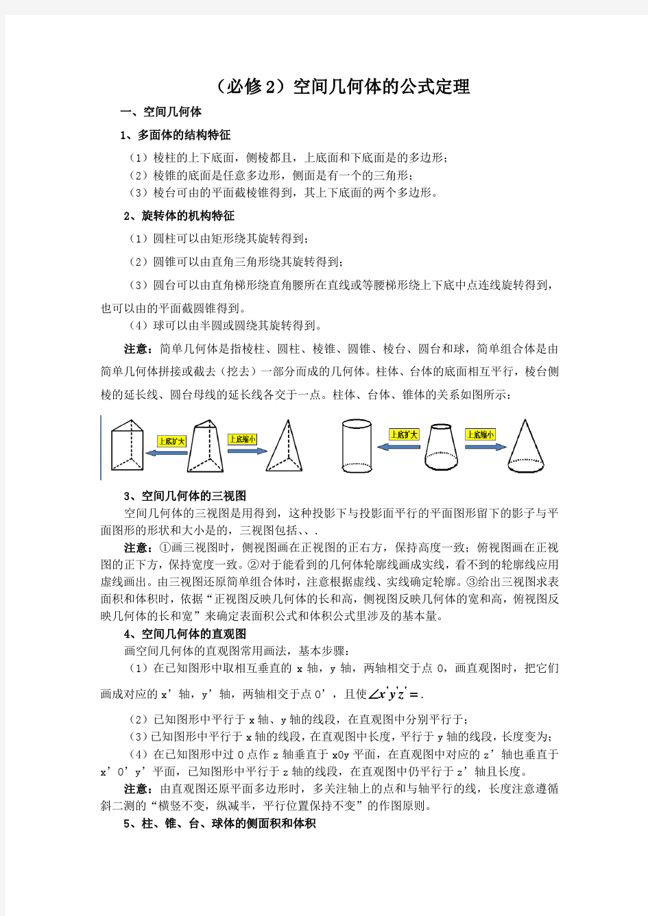 必修2立体几何公式定理