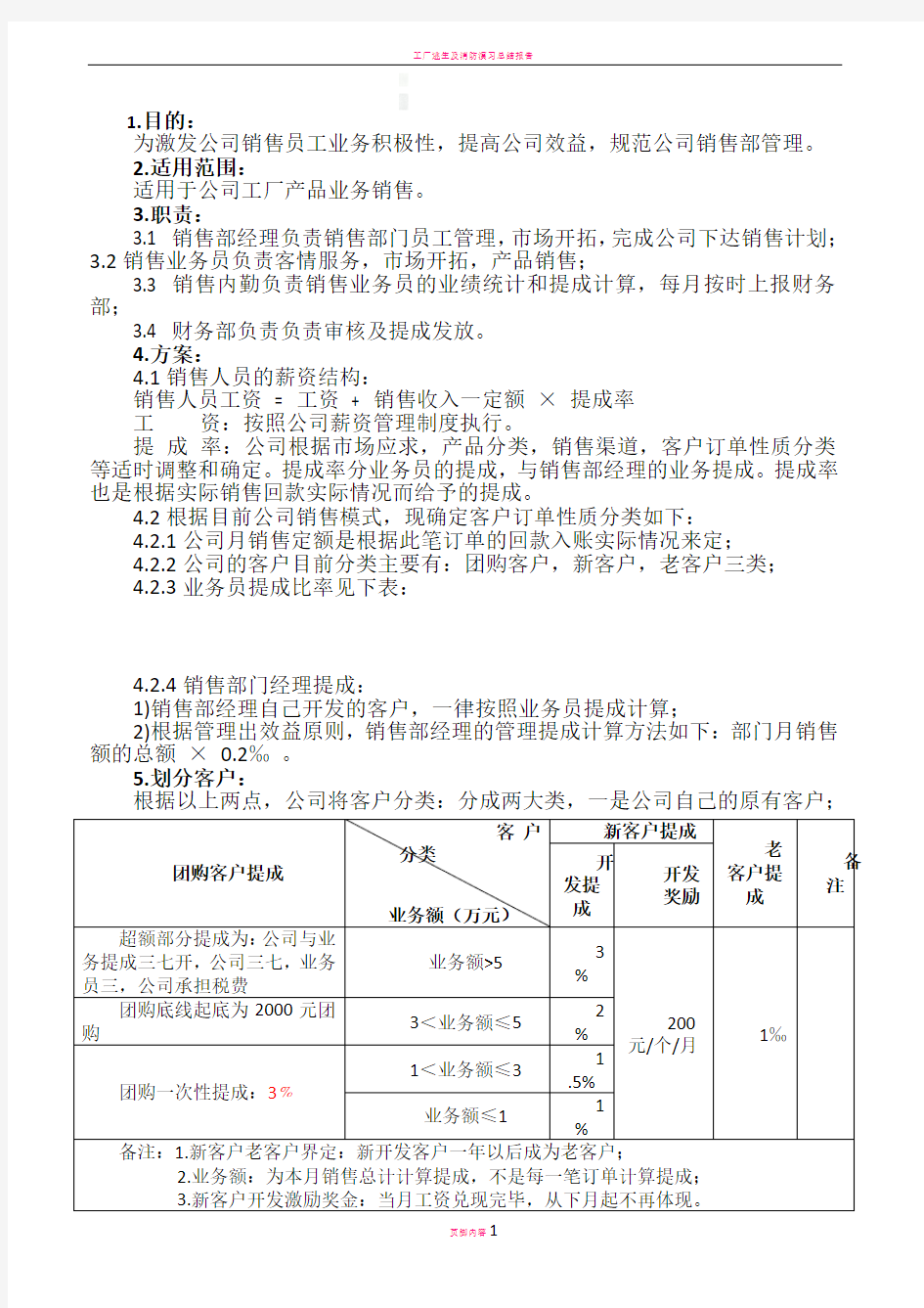 工厂销售部业绩提成方案1