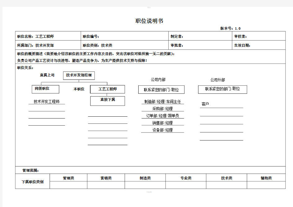 工艺工程师职位说明书好