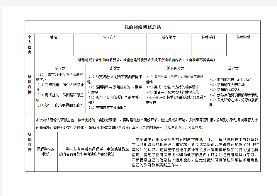 2016奥鹏培训网络个人研修总结作业