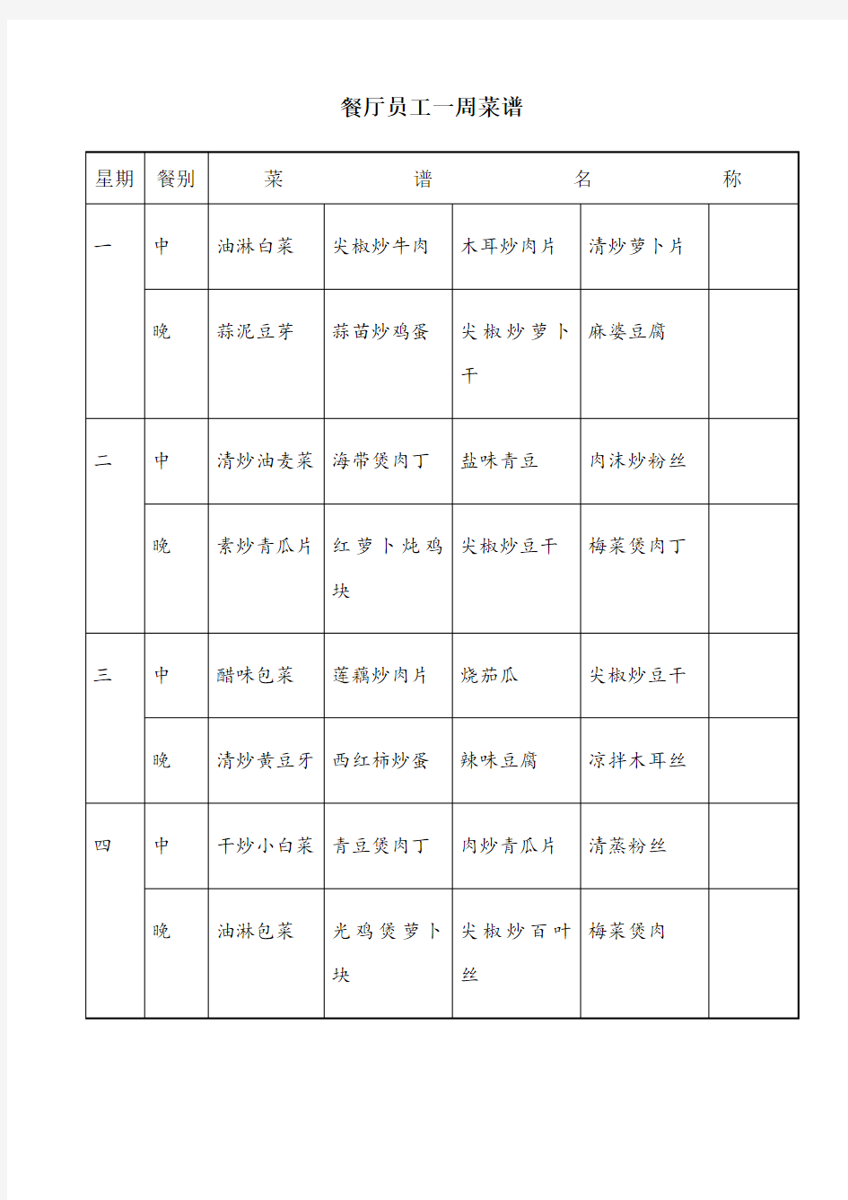 餐厅员工一周菜谱