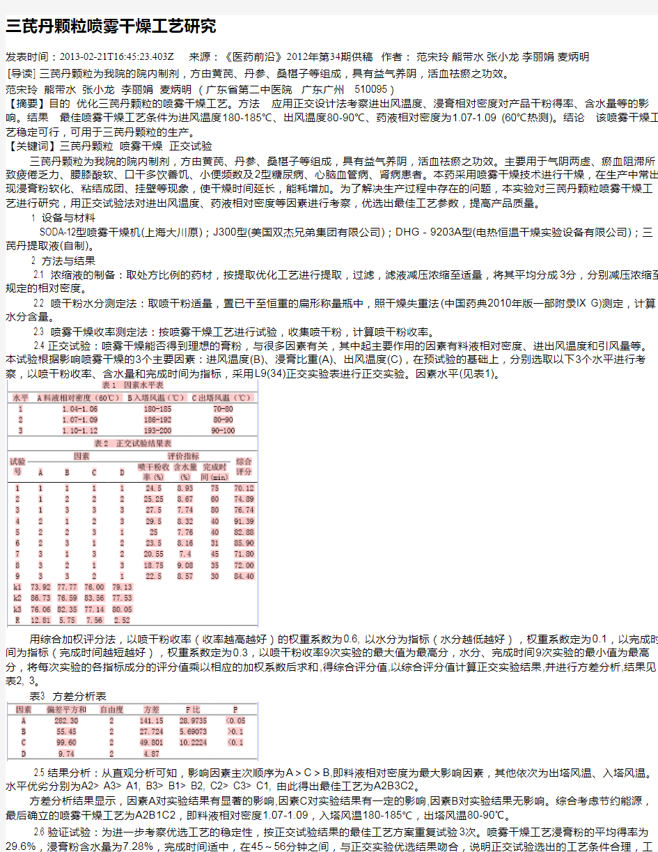 三芪丹颗粒喷雾干燥工艺研究