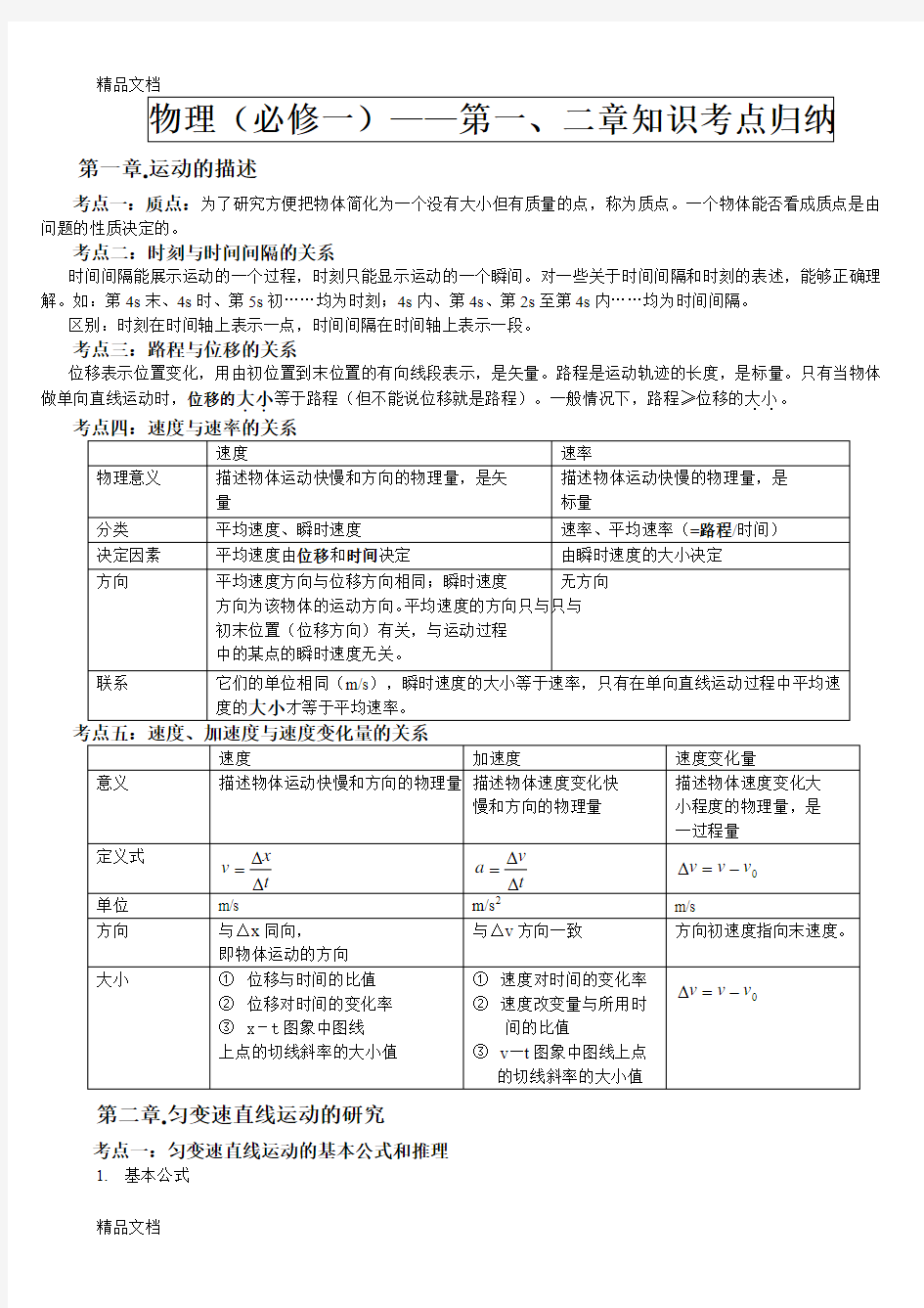 最新高中物理必修一第一章知识点梳理