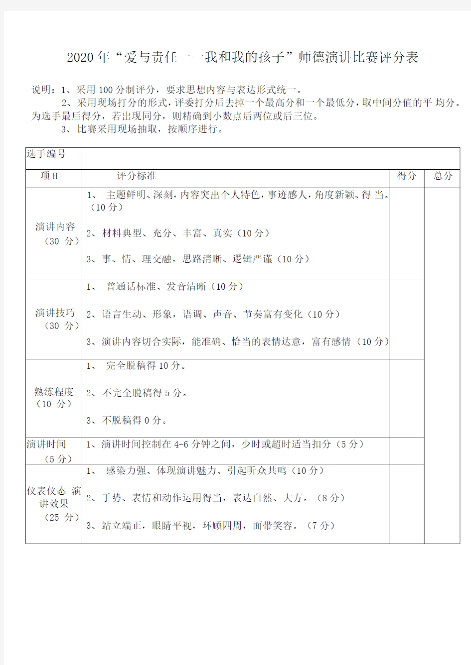 师德演讲比赛评分表