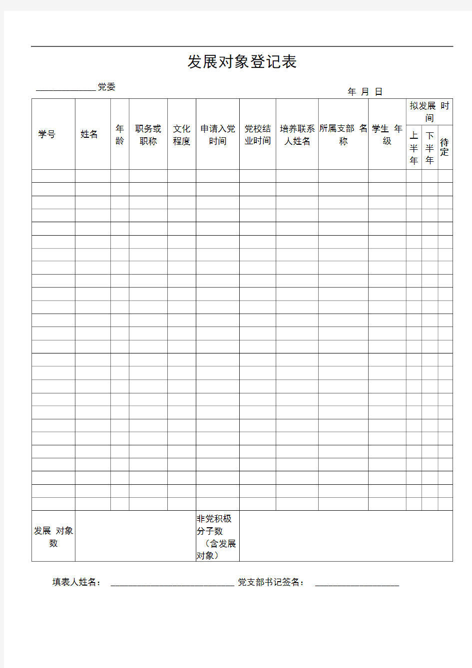 发展对象登记表