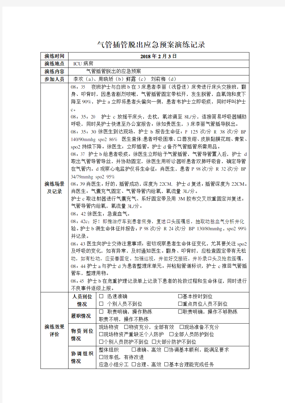 气管插管脱出应急预案演练记录