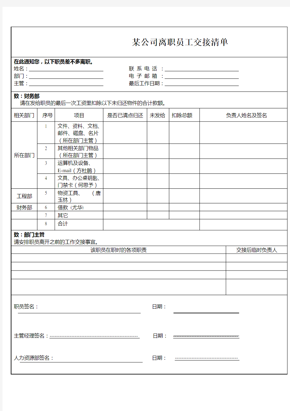 某公司离职员工交接清单