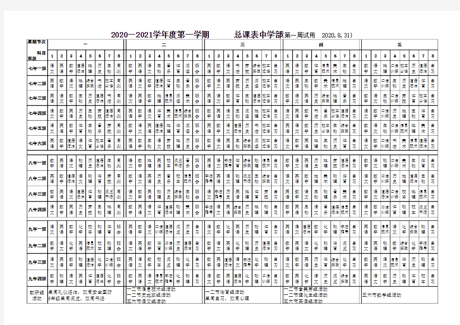 中小学高中学校年级总课程表模板