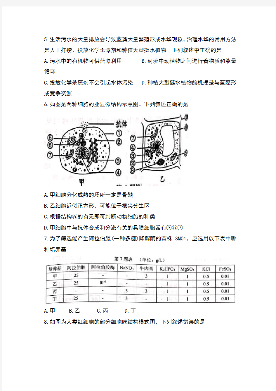 2020届浙江省杭州市2017级高三上学期期中考试理科综合生物试卷及答案