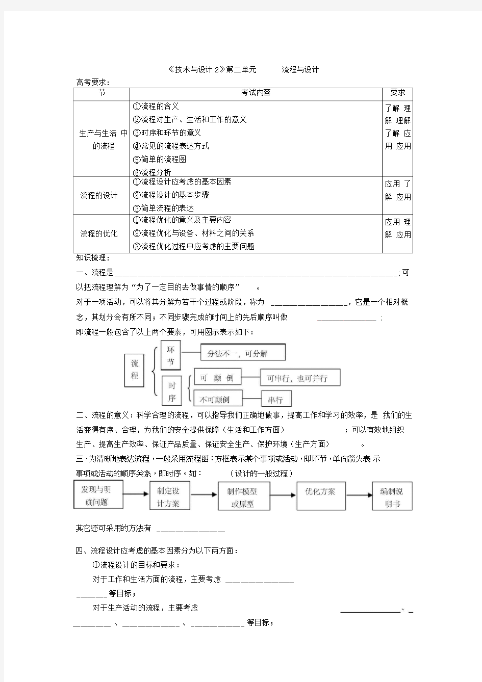 通用技术：第二单元学案：流程与设计(地质版必修2)