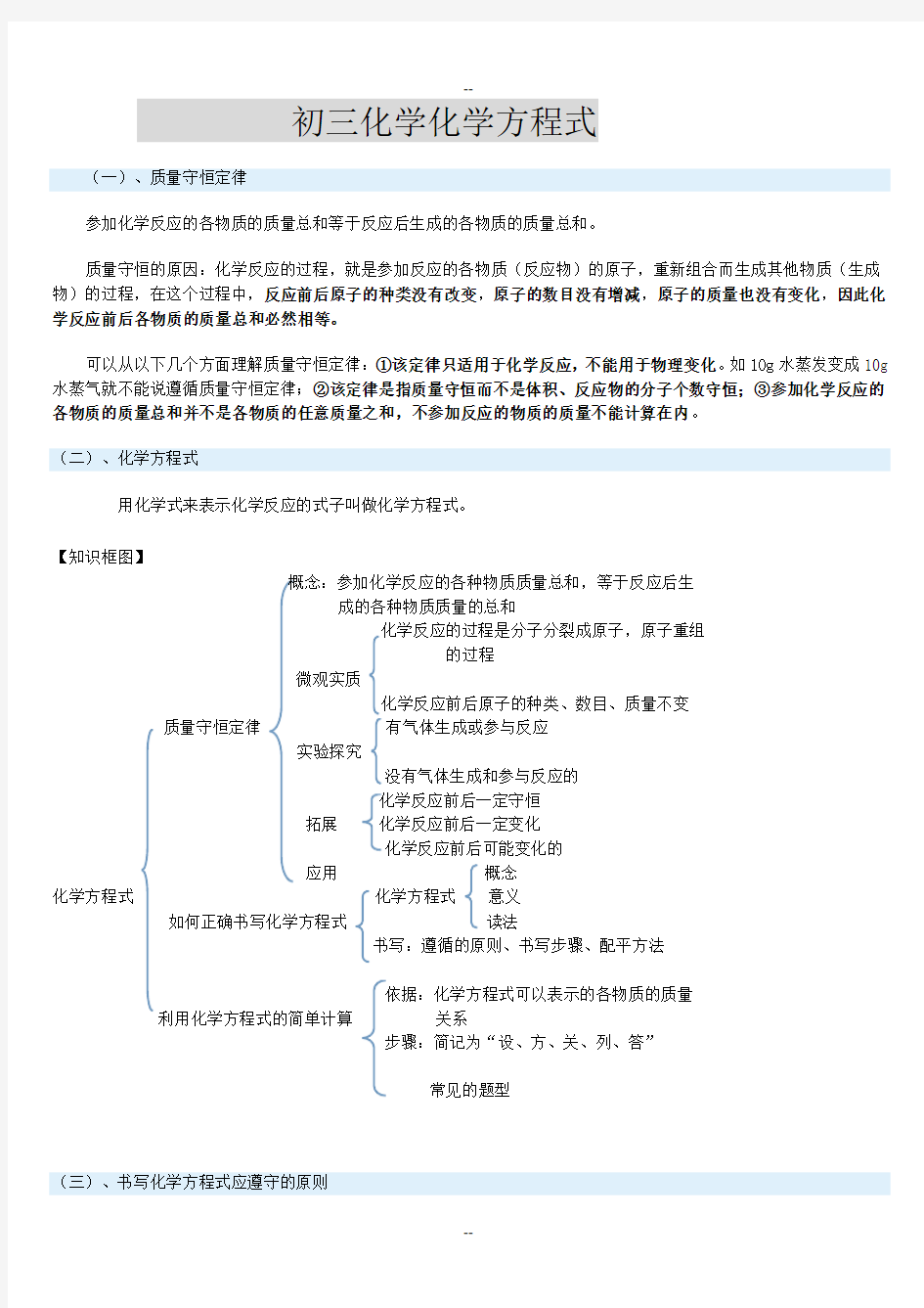 初三化学方程式知识点及习题