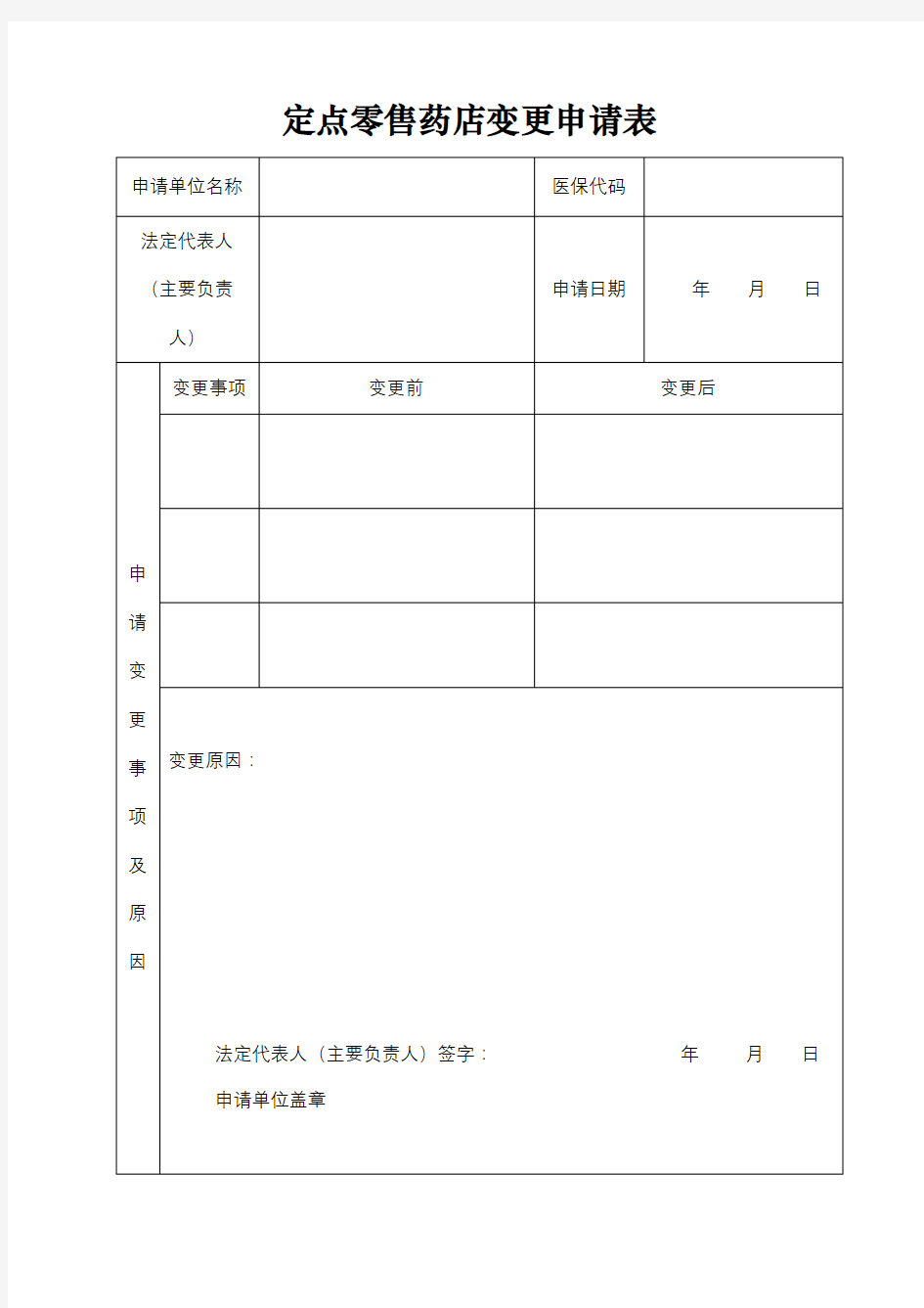 定点零售药店变更申请表【模板】