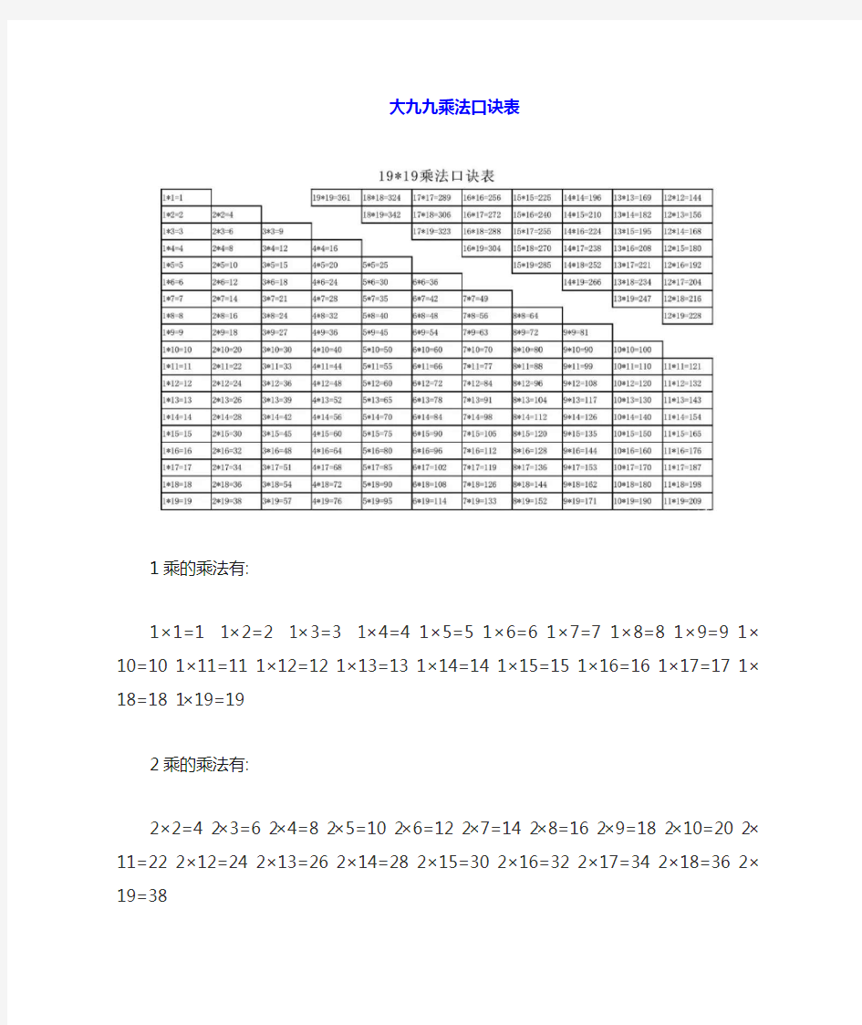 大九九(19×19)乘法口诀表