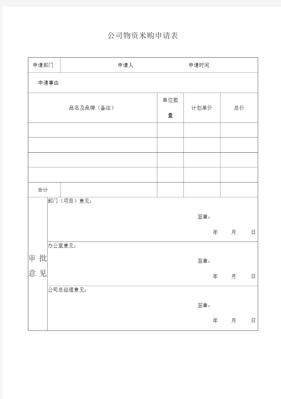 公司物资采购申请表