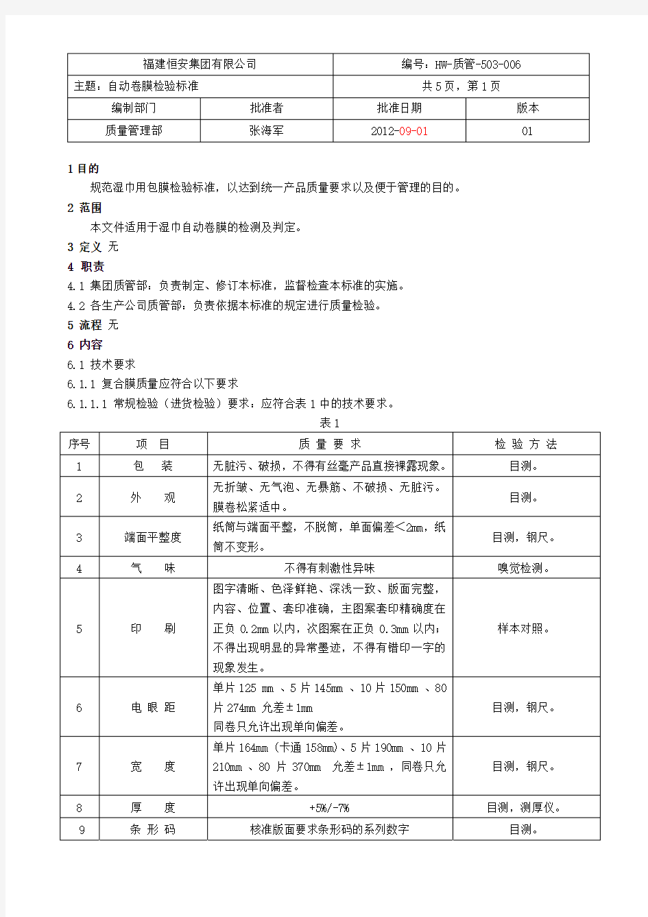 HW-质管-503-006 《自动卷膜检验标准》01版