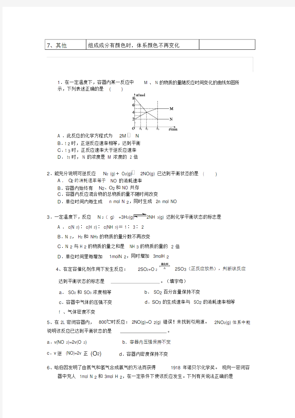 化学反应达到平衡的标志