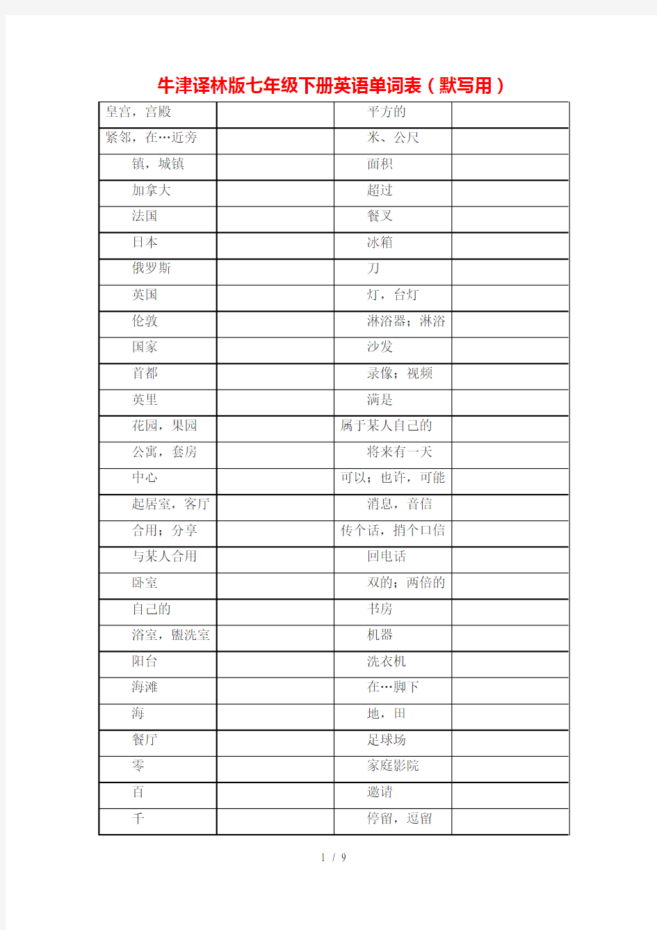 (word完整版)牛津译林新版七年级下册英语单词表(默写用)