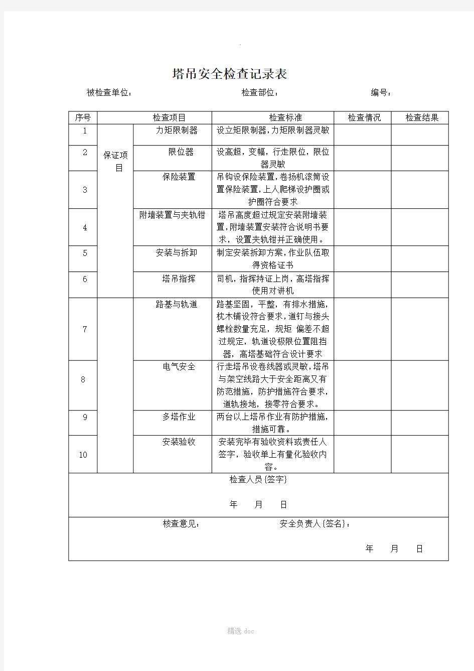 塔吊安全检查记录表