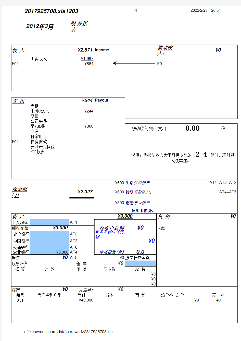 个人或家庭财务报表模板