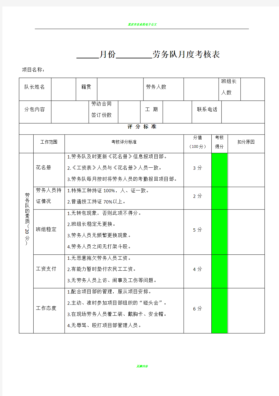 《劳务队月度考核表》