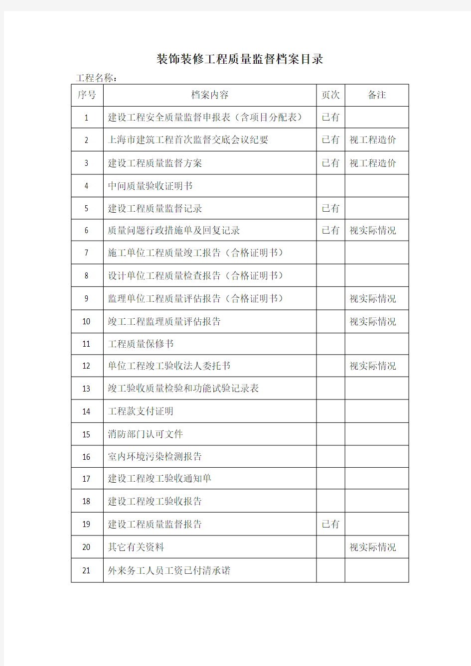 装饰装修工程质量监督档案