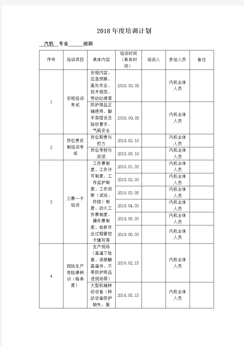 发电厂年度培训计划