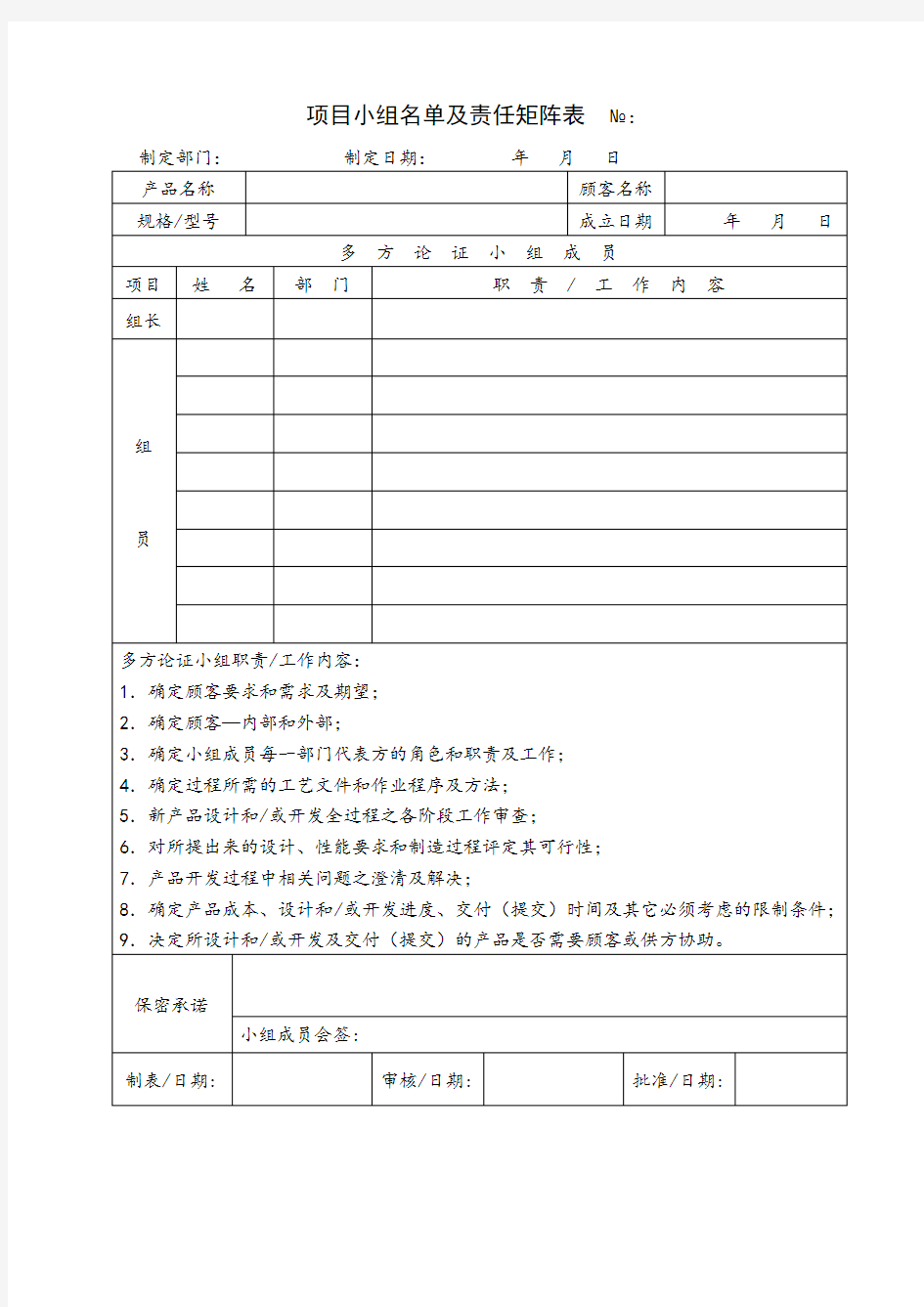 项目小组名单及责任矩阵表