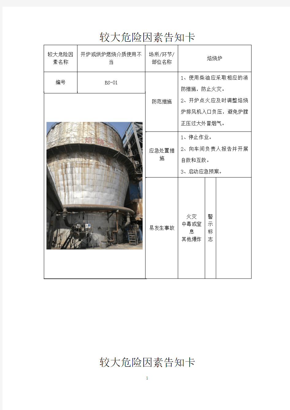 化工企业较大危险因素告知卡