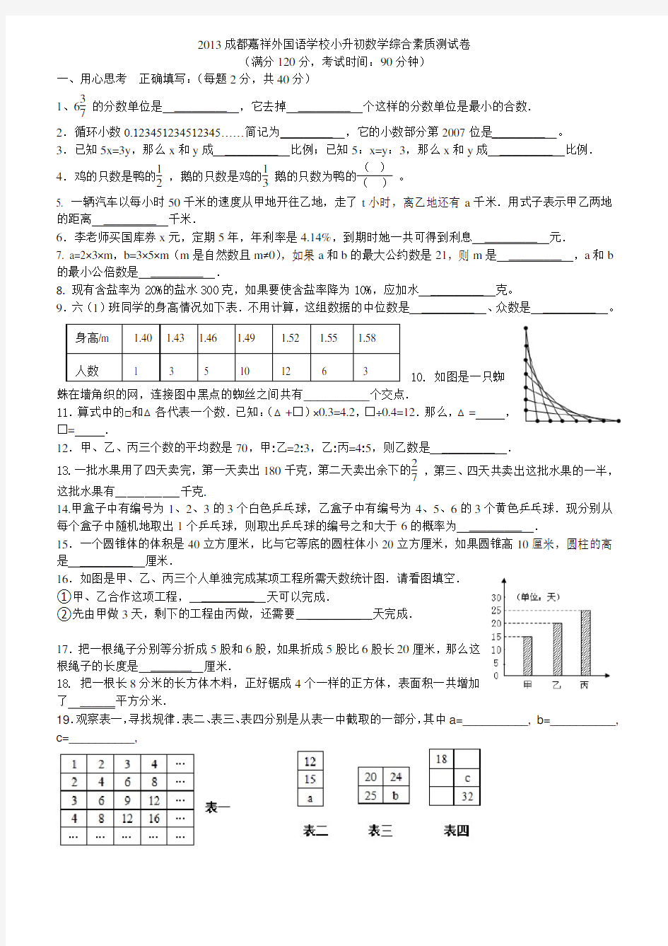 外国语学校小学数学六年级小升初数学综合素质及参考答案(试卷)