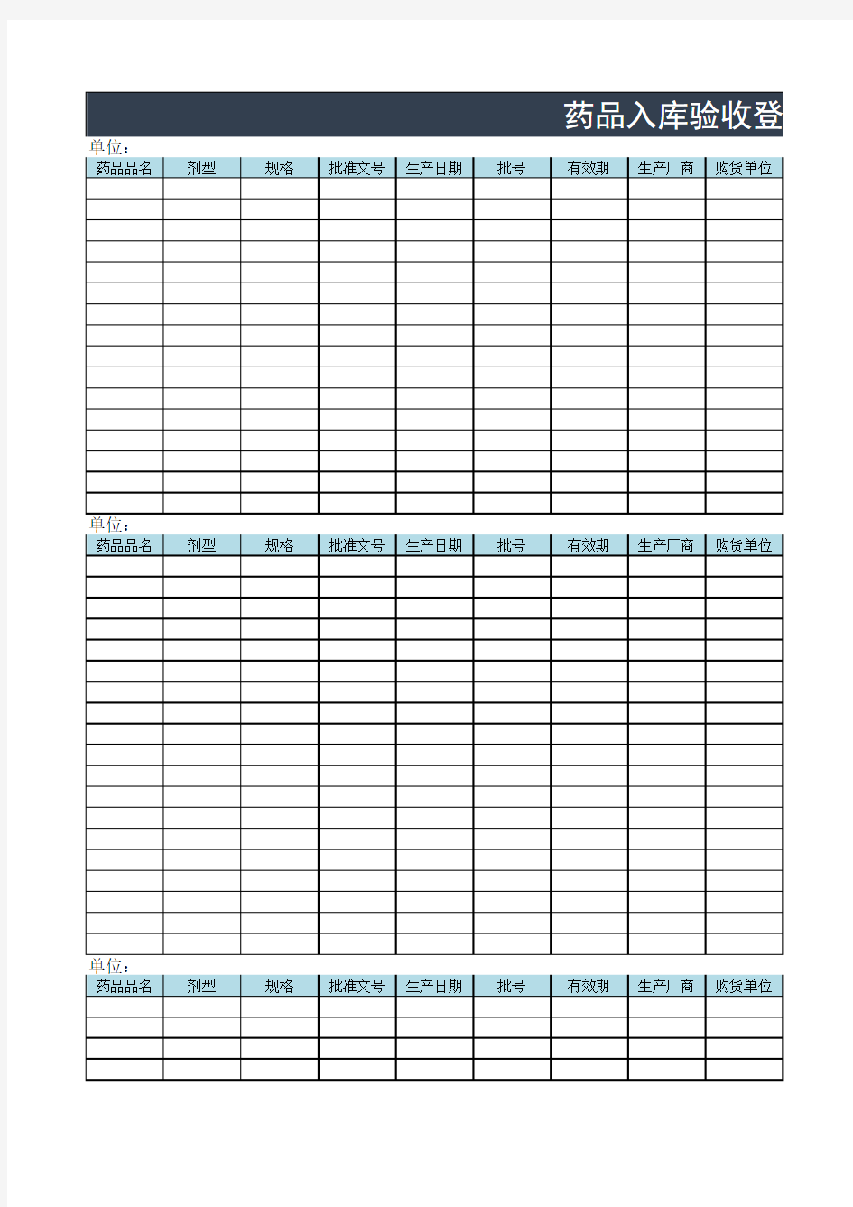 药品入库验收登记表