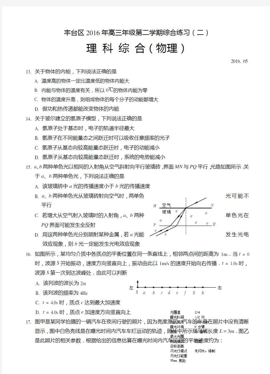 北京市丰台区2016年高三第二学期综合练习(二)理综物理试题(含答案)