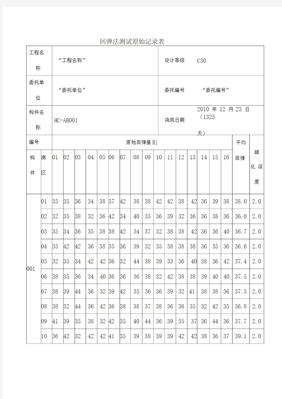 c回弹数据表